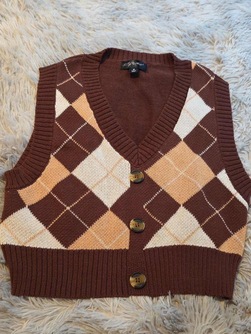 Say What? Brown Argyle Knit Vest with Cream & Tan Diamonds